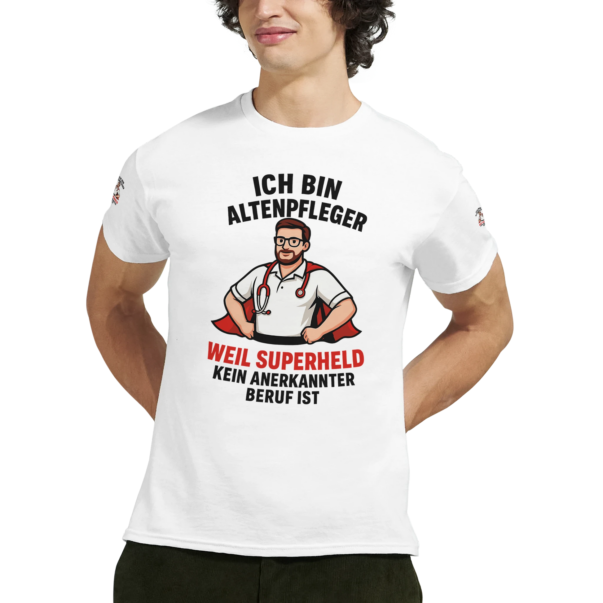 Weißes T-Shirt Altenpfleger Geschenk mit lustigem Superheld-Design und schwarzer roter Schrift von Wupperlike
