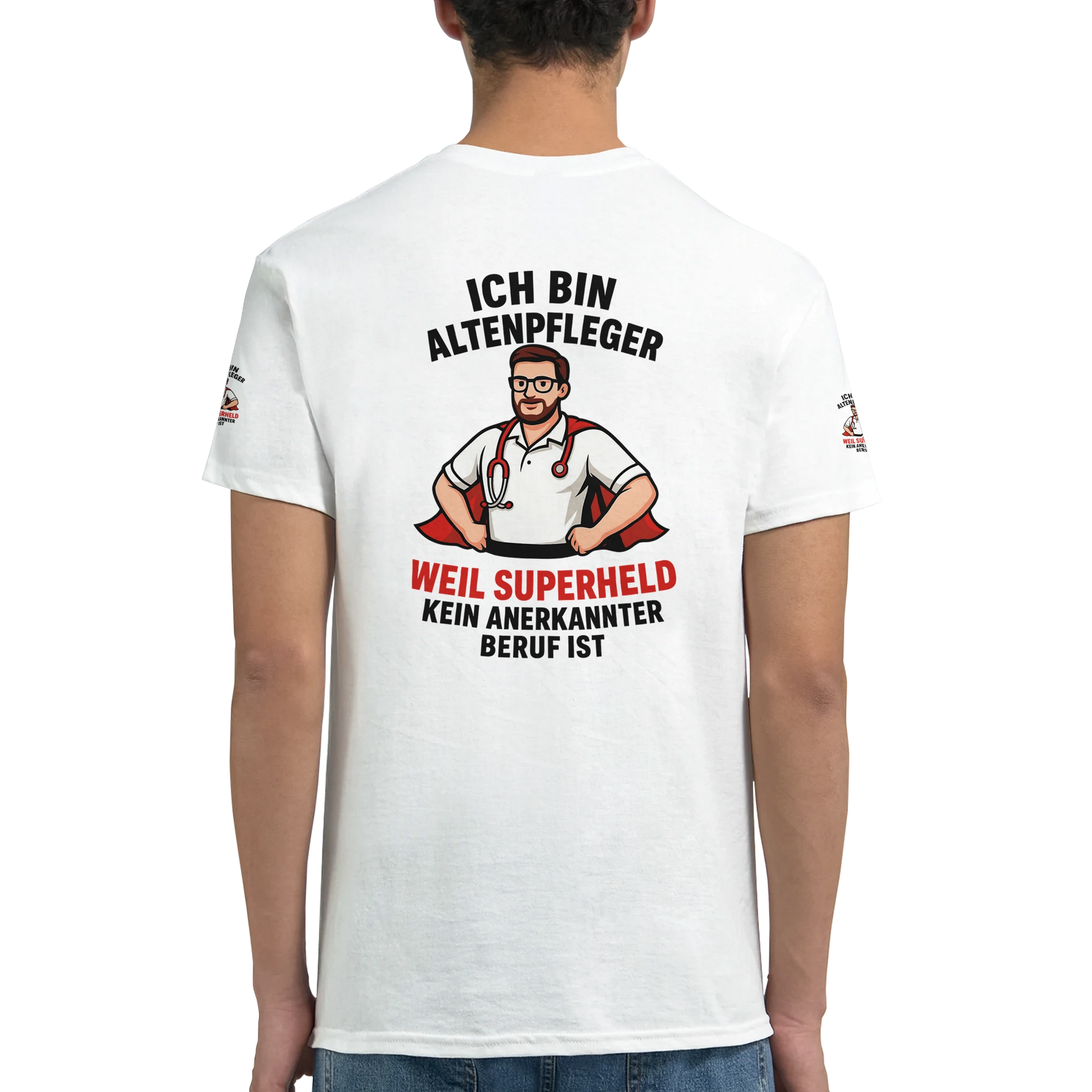 Weißes Wupperlike T-Shirt Altenpfleger Geschenk mit Superheld Motiv und Spruch auf der Rückseite