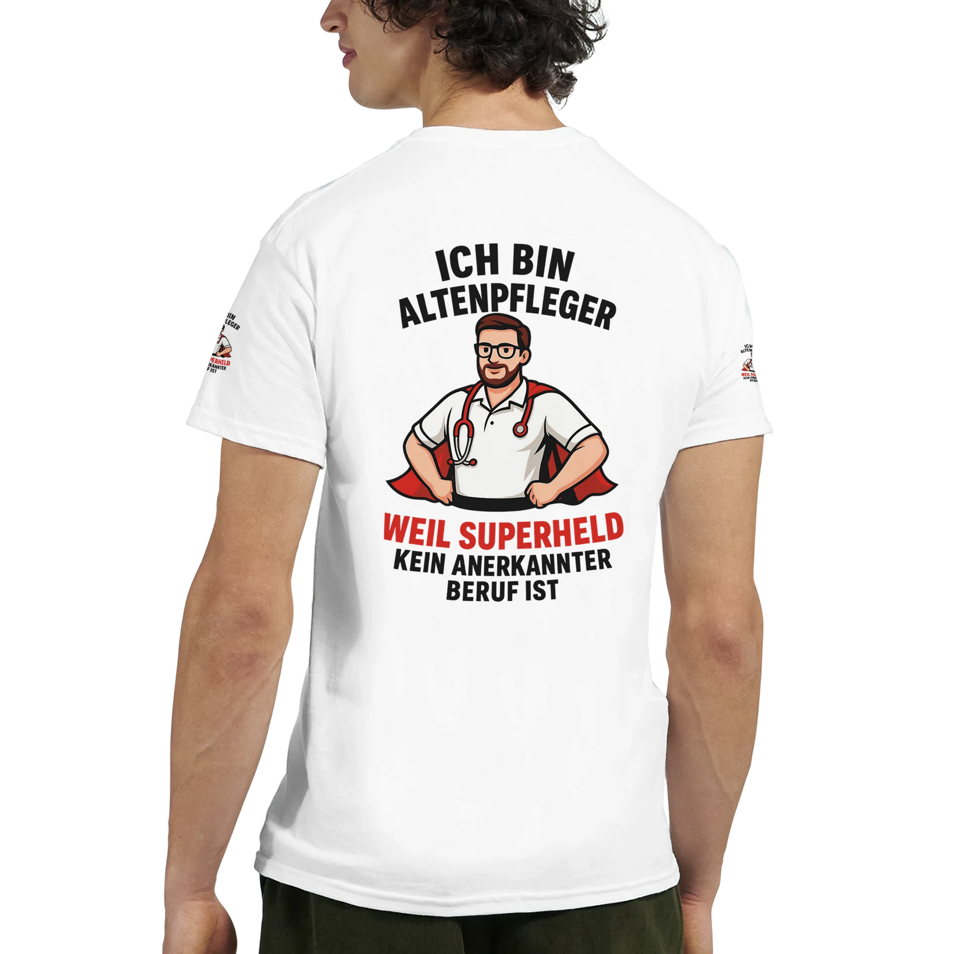 Weißes T-Shirt Altenpfleger Geschenk mit Superheld-Motiv und Spruch für Pflegekräfte