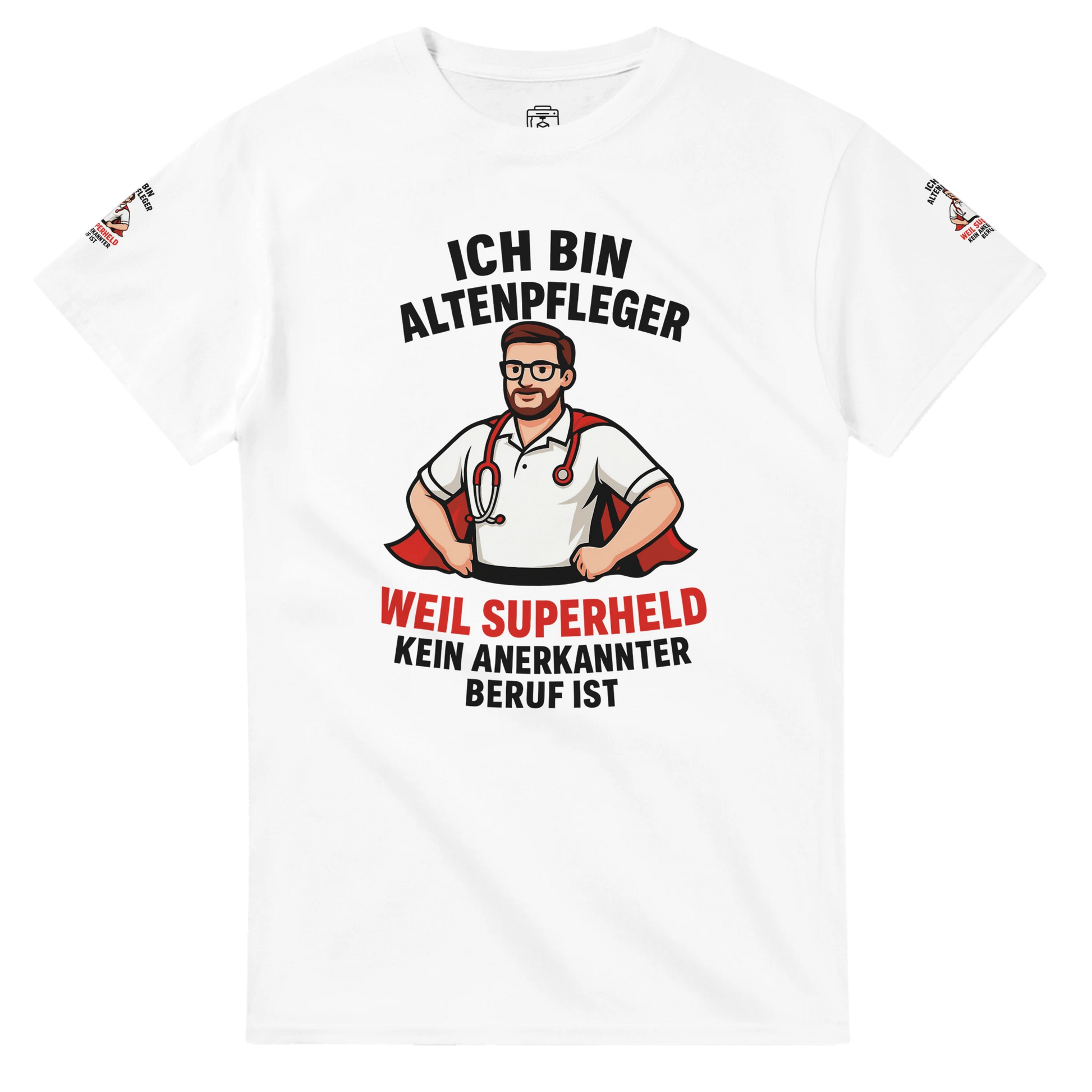Weißes T-Shirt Altenpfleger Geschenk mit Aufdruck Superheld Altenpfleger Motiv von Wupperlike