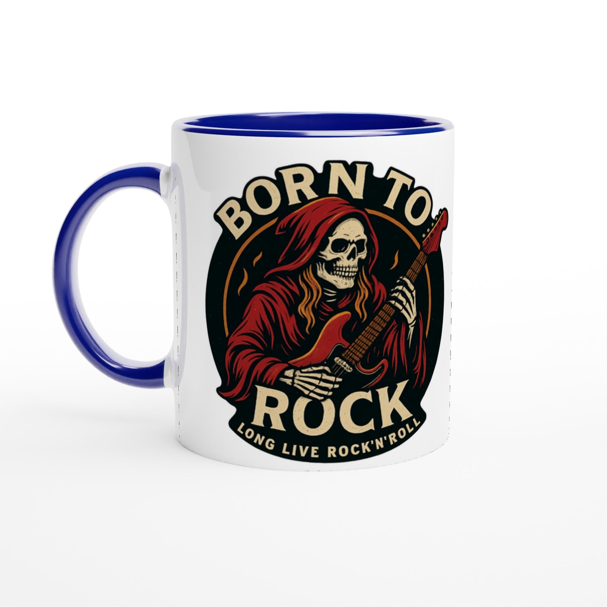 Weiße Tasse Born to Rock Geschenk mit Totenkopf und E-Gitarre von Wupperlike