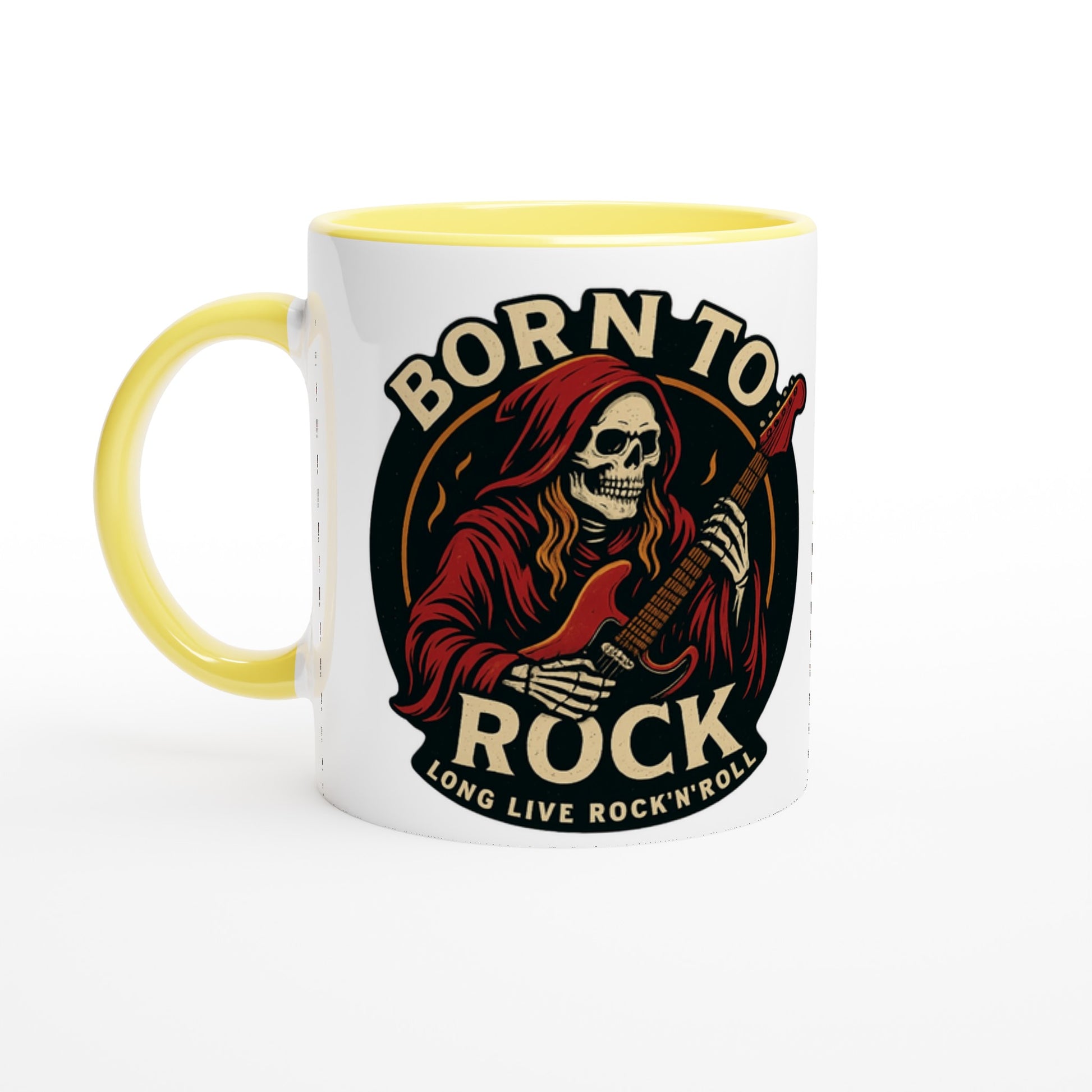 Weiße Tasse Born to Rock Geschenk mit gelbem Griff und Totenkopf Gitarrist Design von Wupperlike
