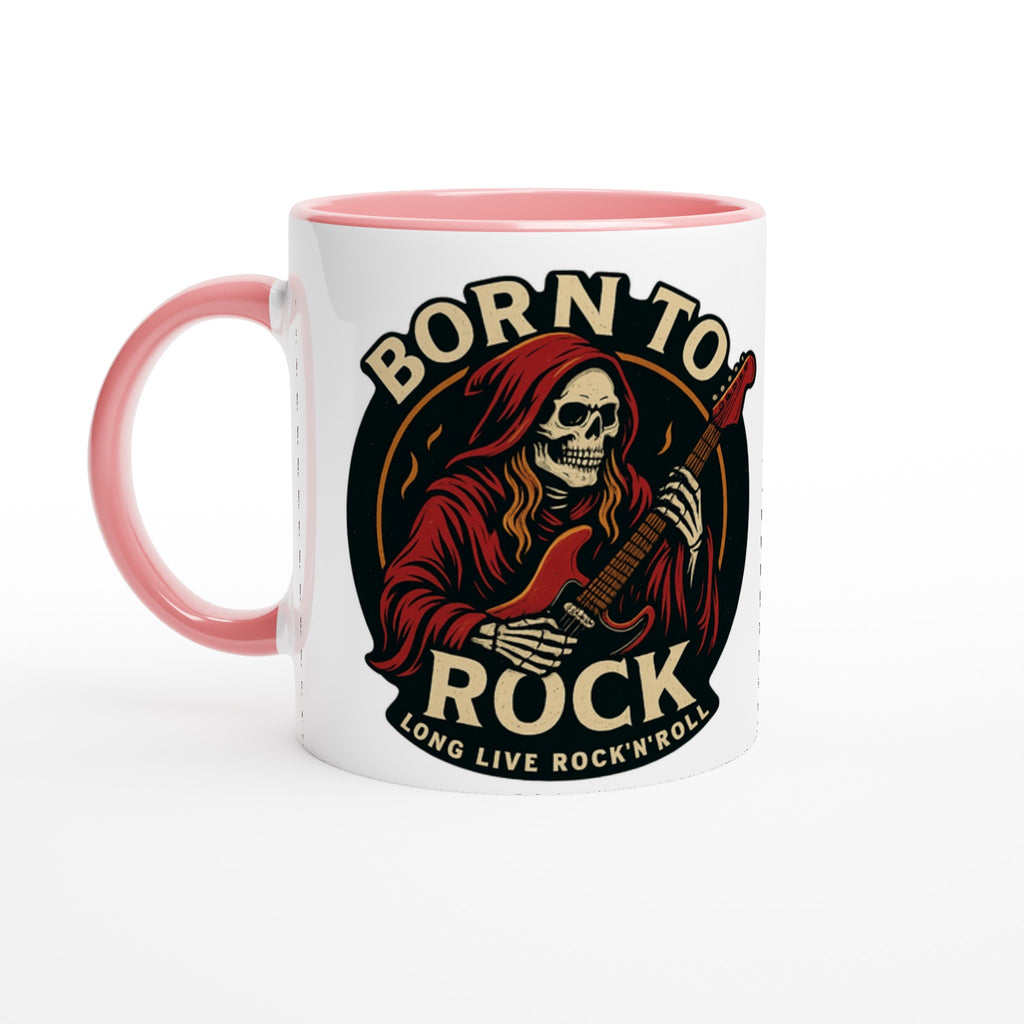 Weiße Tasse Born to Rock Geschenk mit pinkem Griff und Totenkopf-Rockmotiv von Wupperlike