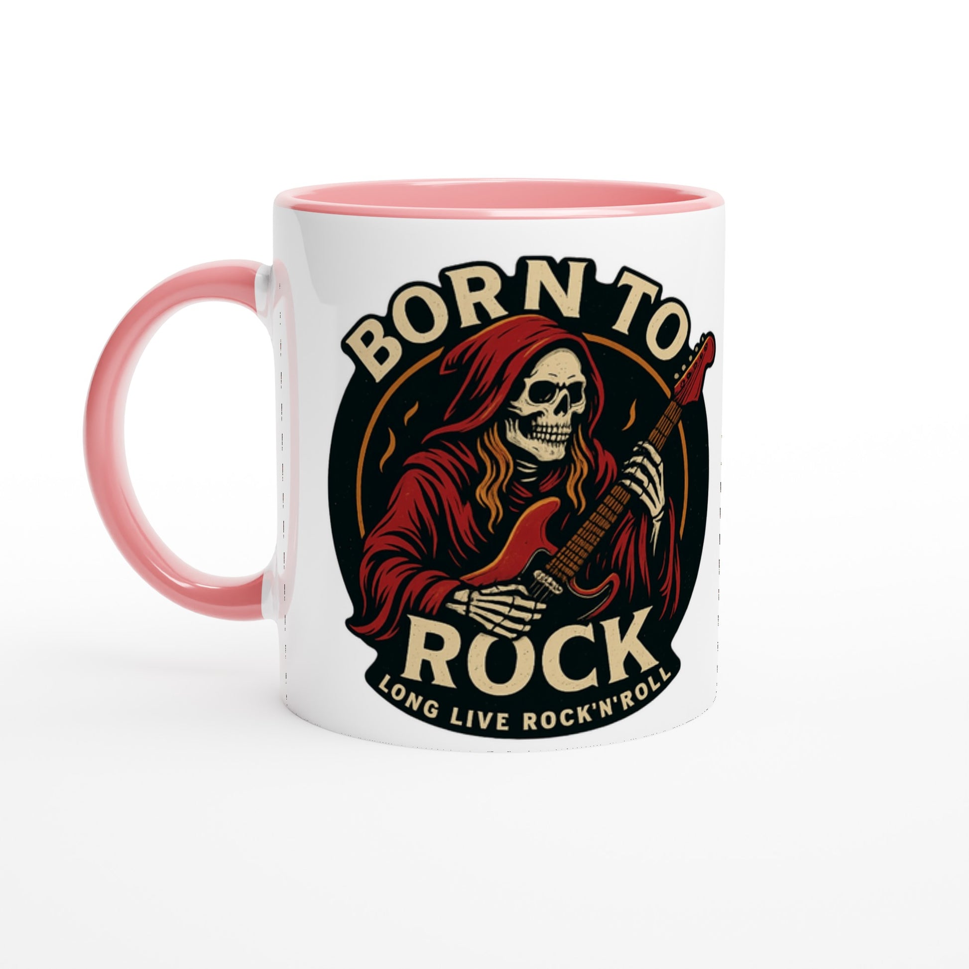 Weiße Tasse Born to Rock Geschenk mit pinkem Griff und Totenkopf-Rockmotiv von Wupperlike