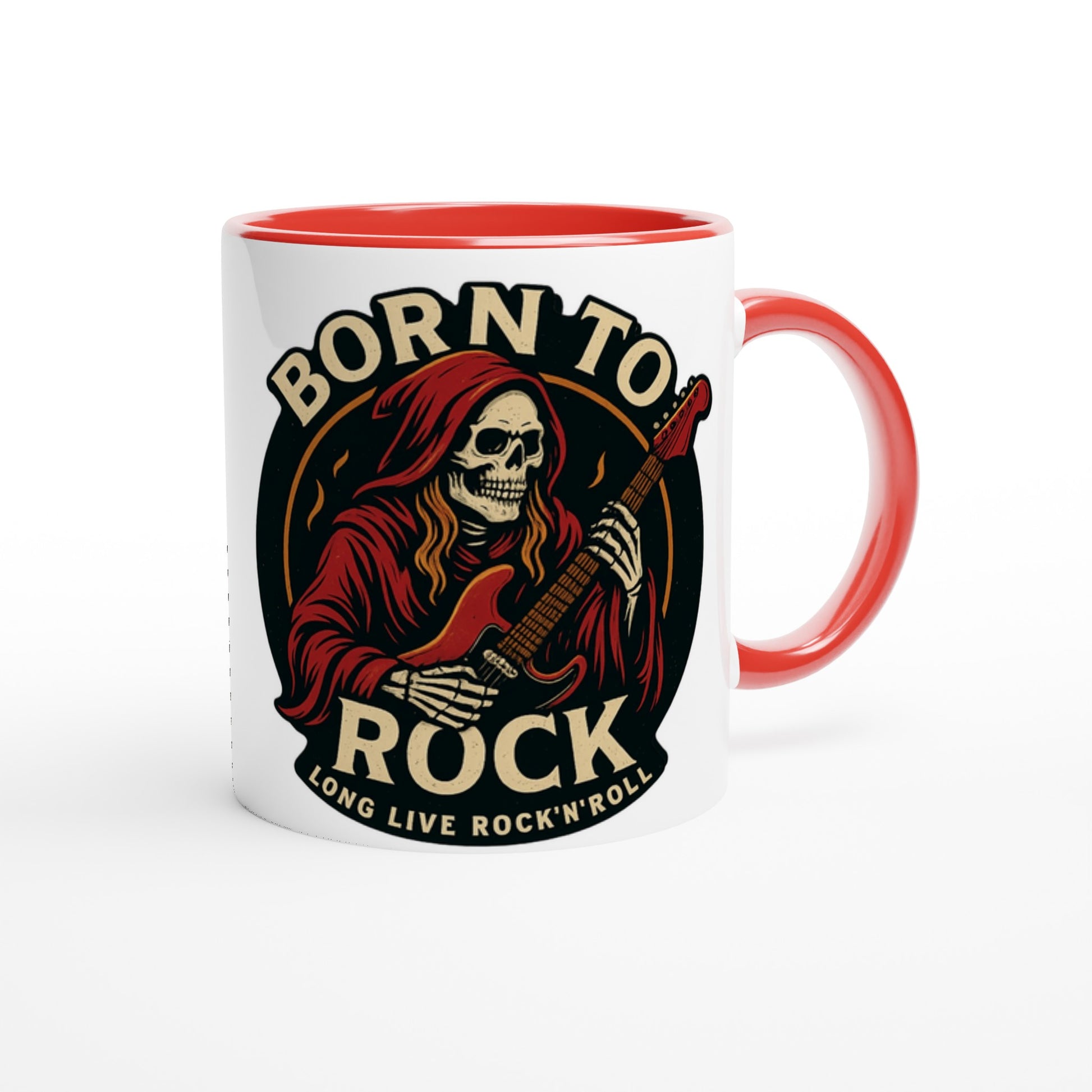 Weiße Tasse Born to Rock Geschenk mit rotem Griff und Innenfarbe, RocknRoll Skelett Motiv