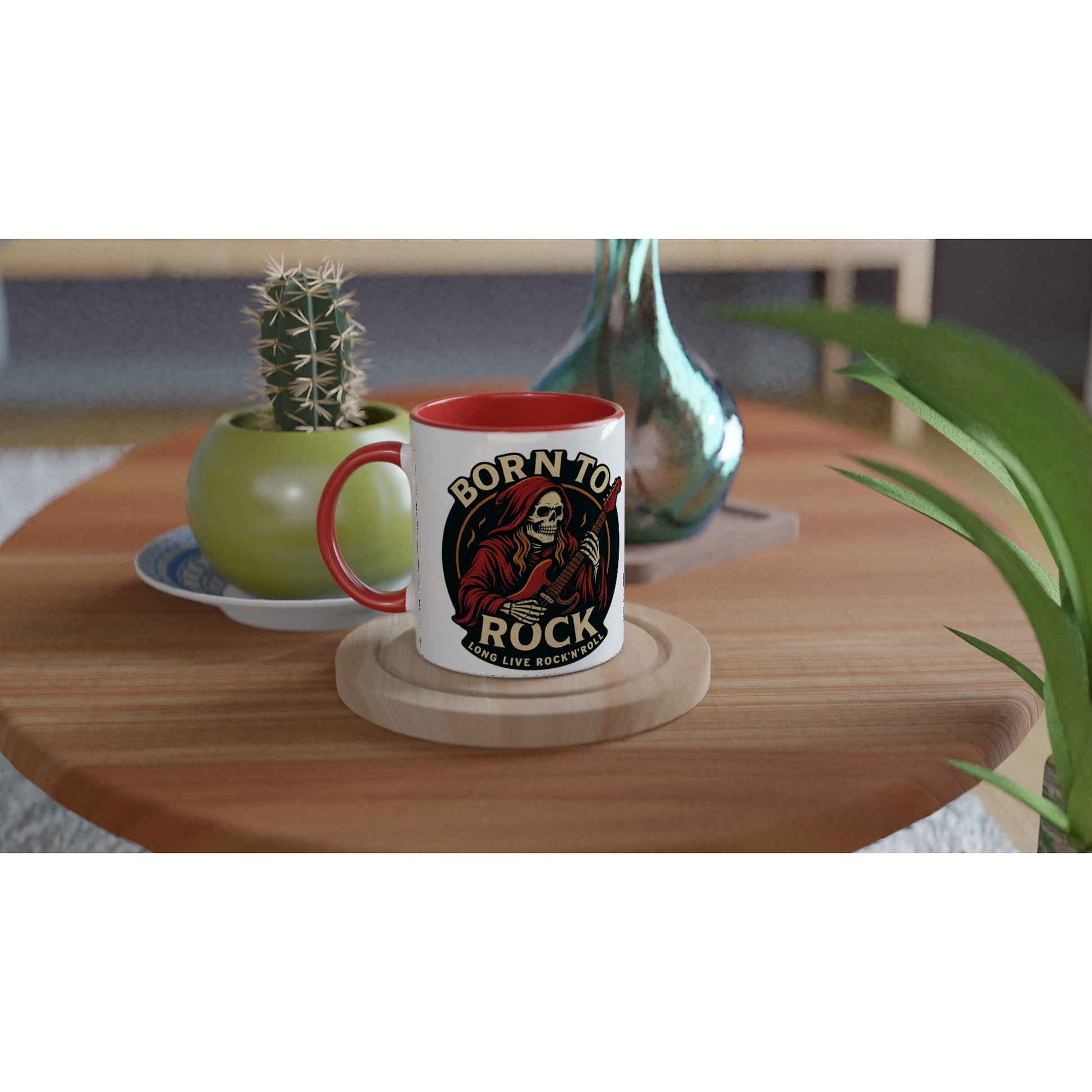Wupperlike Tasse Born to Rock Geschenk mit rotem Innenrand und Rockmotiv auf Holztisch