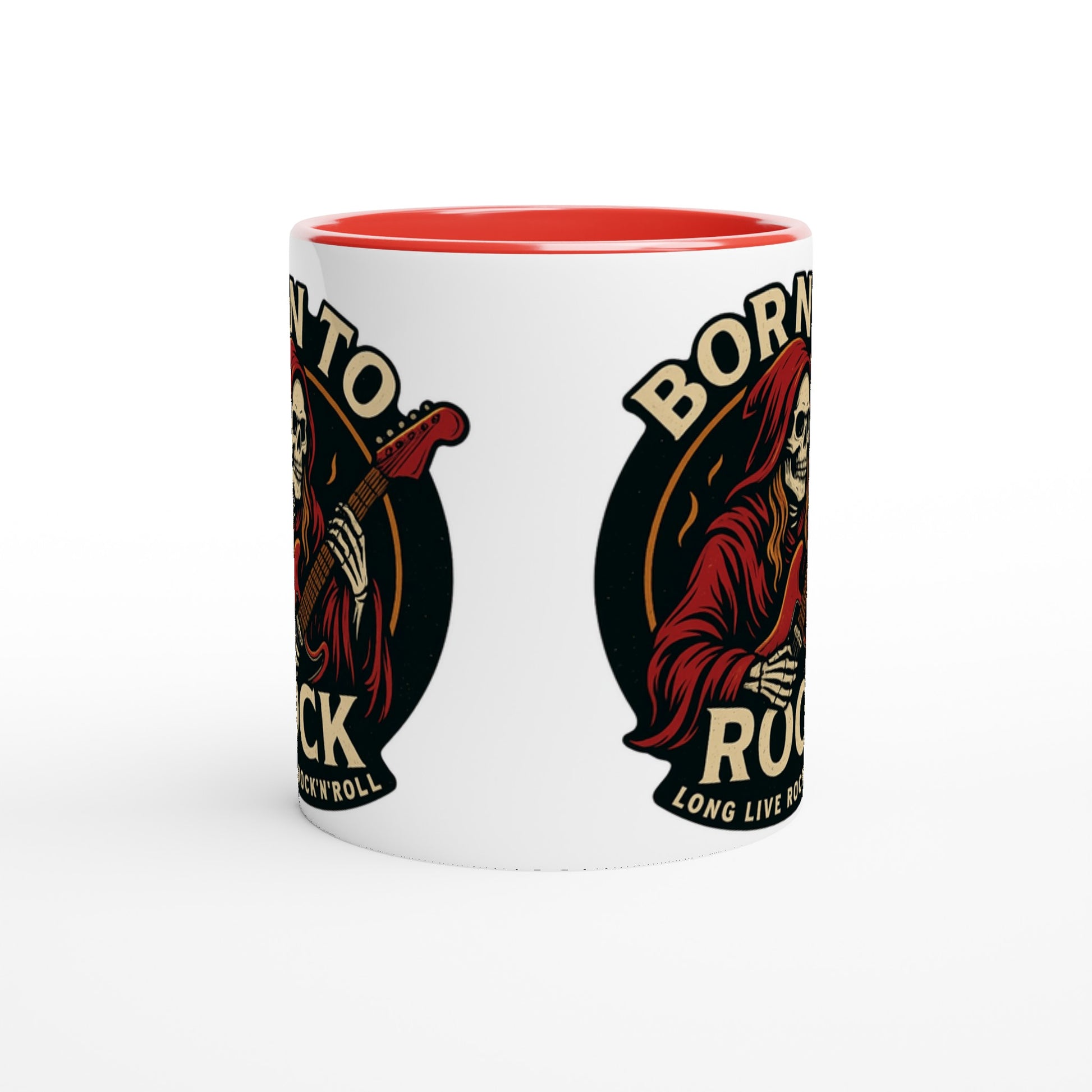 Wupperlike Tasse Born to Rock Geschenk mit Totenkopf-Gitarrist Design und rotem Innenrand