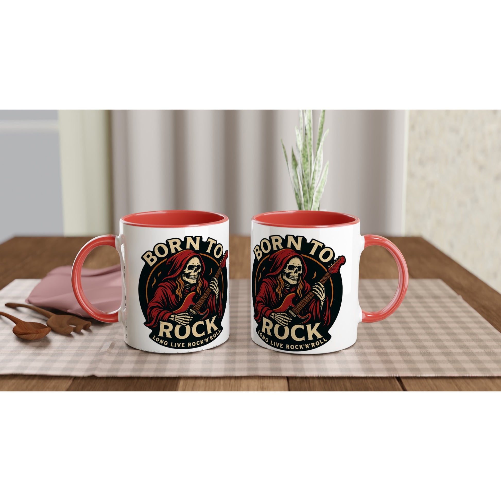 Wupperlike Tasse Born to Rock Geschenk mit Totenkopf und Gitarre in rotem Innenbereich