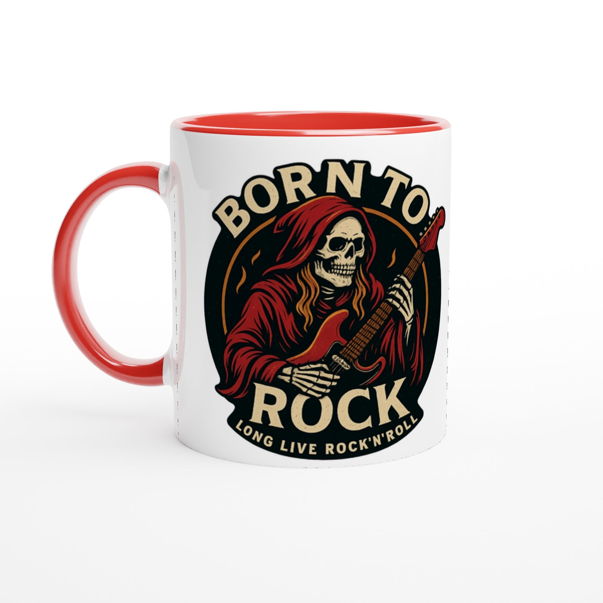 Weiße Tasse Born to Rock Geschenk mit rotem Griff und Innenfarbe, Motiv Skelett mit E-Gitarre