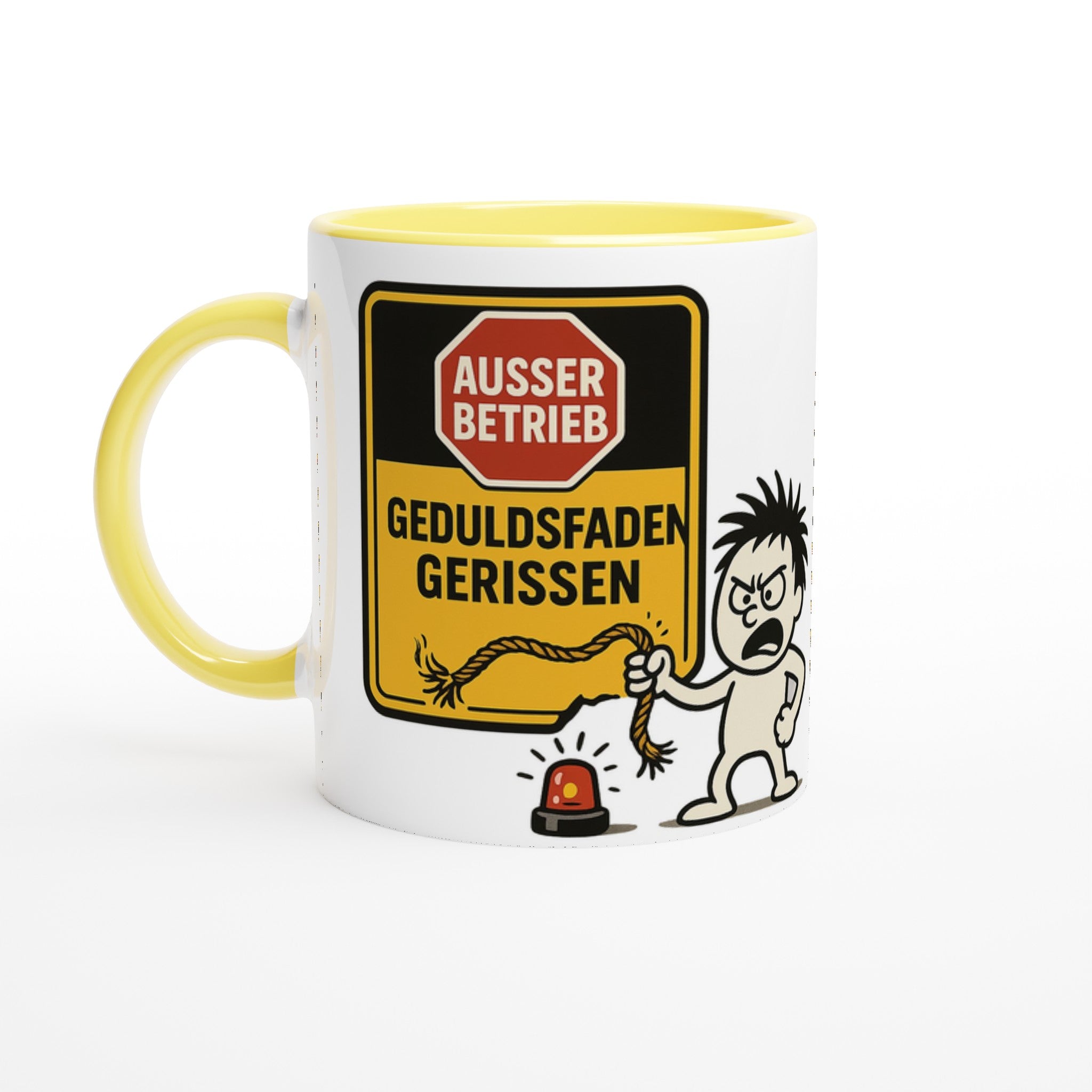 Weiße Tasse mit gelbem Griff und Aufdruck Geduldsfaden gerissen kaufen von Wupperlike