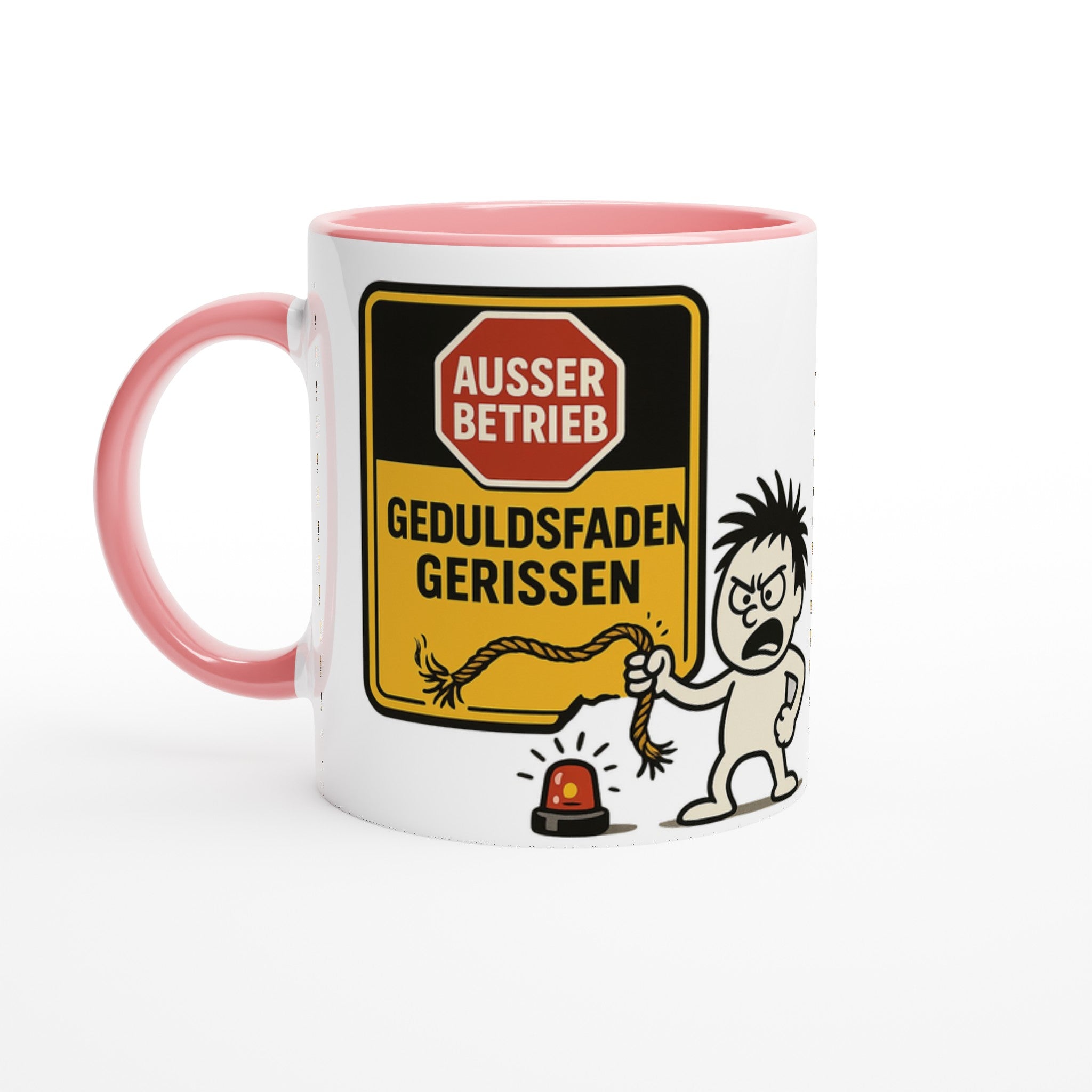 Weiße Tasse mit rosa Henkel und lustigem Aufdruck Geduldsfaden gerissen Außer Betrieb Tasse Geduldsfaden gerissen kaufen