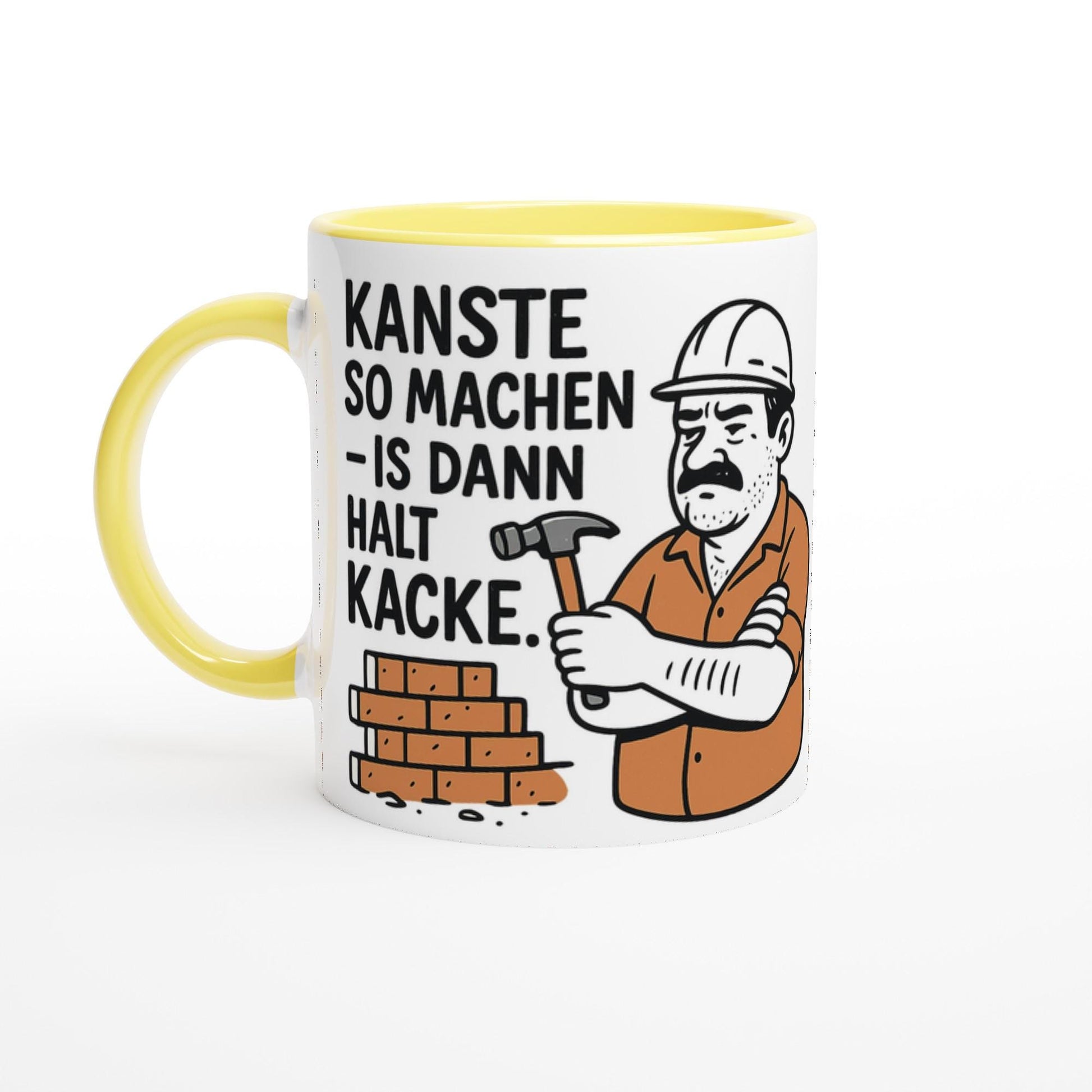 Weiße Tasse Geschenk mit witzigem Motiv Bauarbeiter und Spruch mit gelbem Griff und Innenfläche