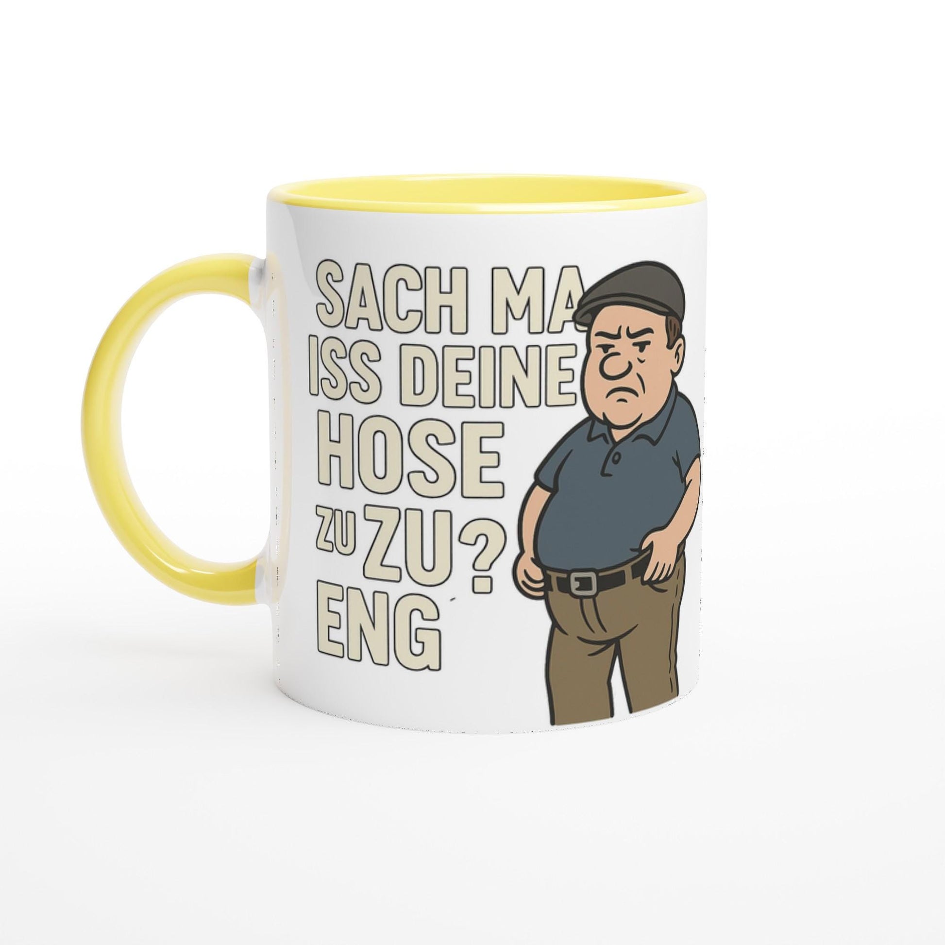 Weiße Tasse mit gelbem Griff und Innenfläche mit Ruhrpott Spruch Geschenkidee für Ruhrpott Fans