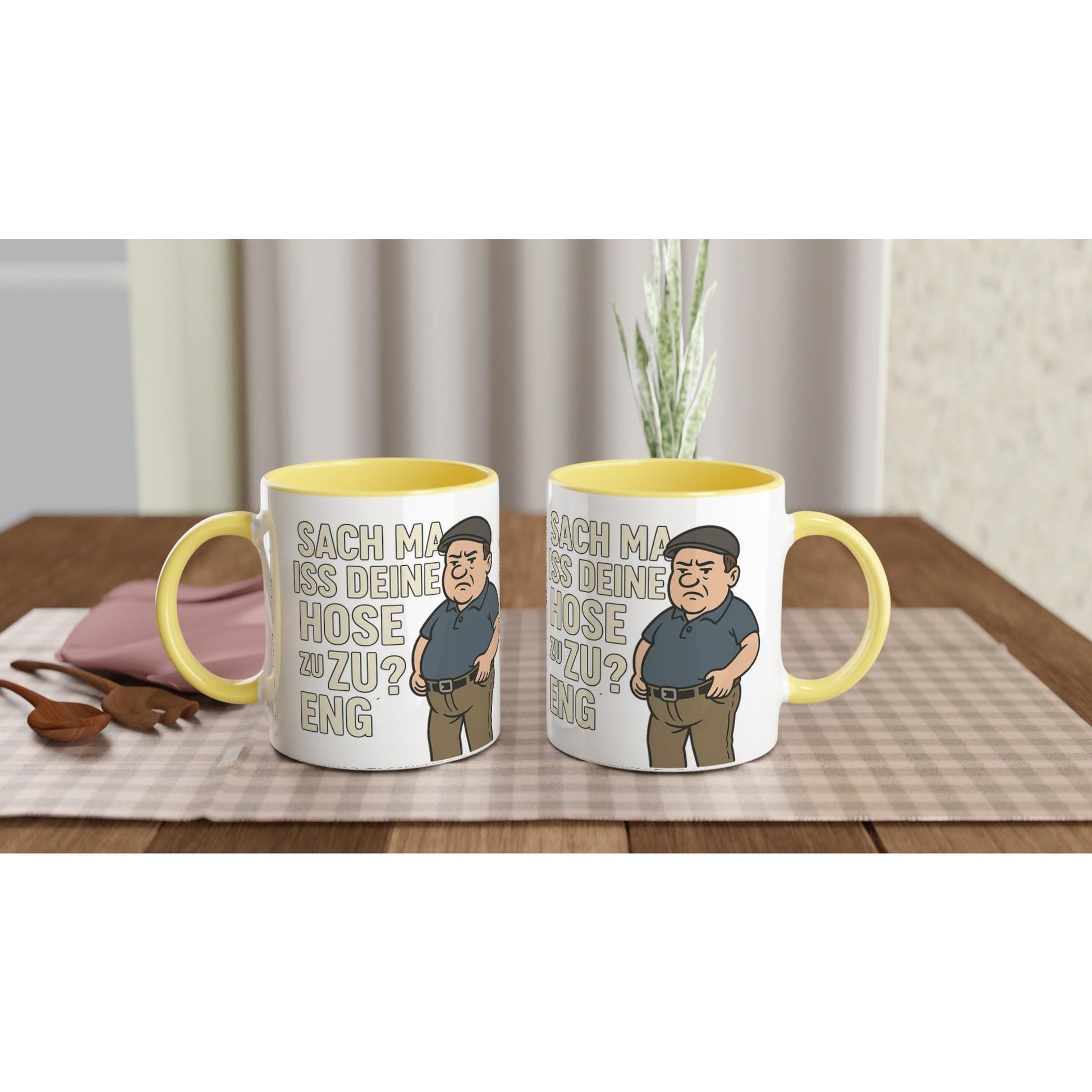 Weiße Tasse mit gelbem Henkel und Innenbereich als Geschenkidee für Ruhrpott Fans mit lustigem Spruch