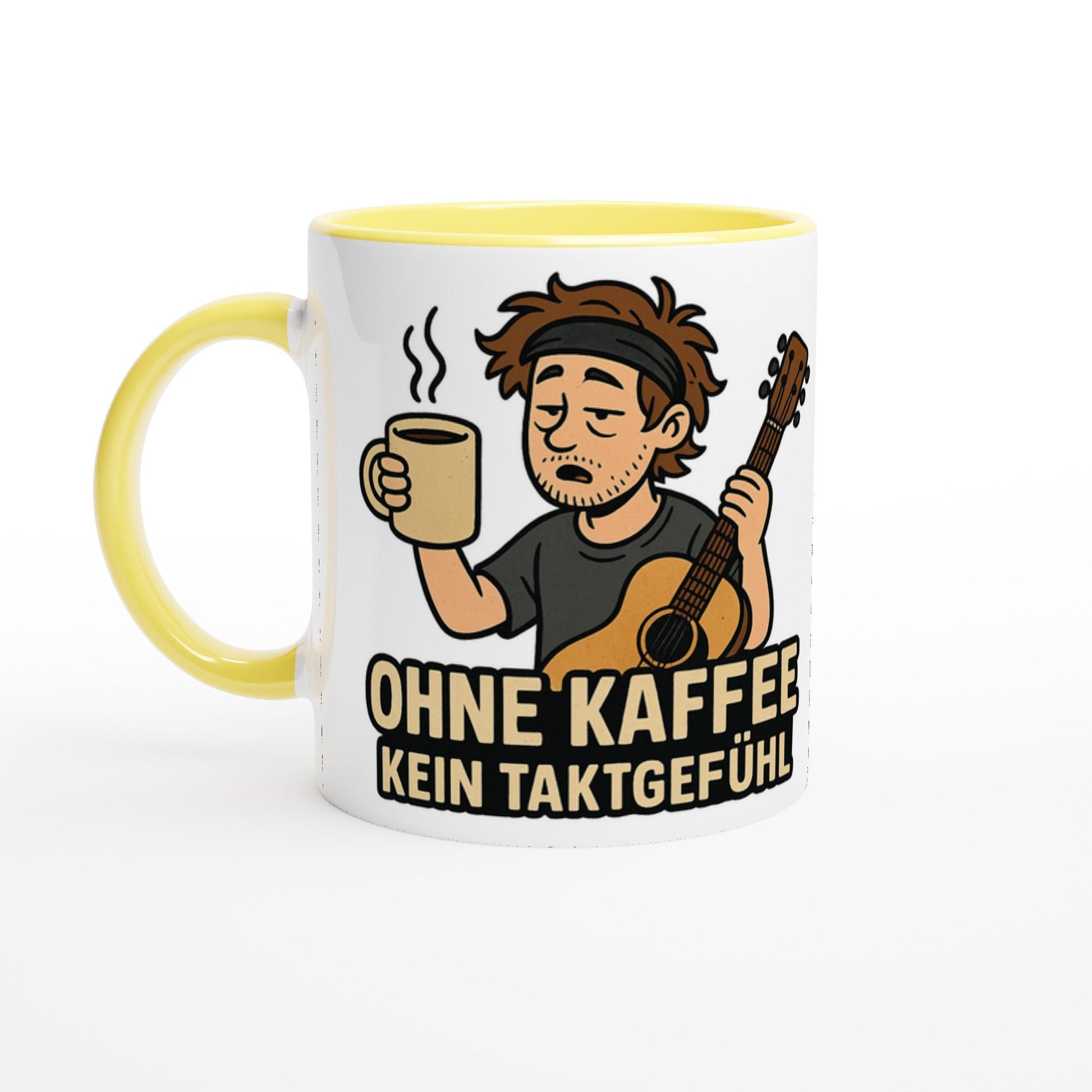 Tasse mit Motiv für Musiker mit Aufdruck Ohne Kaffee kein Taktgefühl und gelbem Henkel