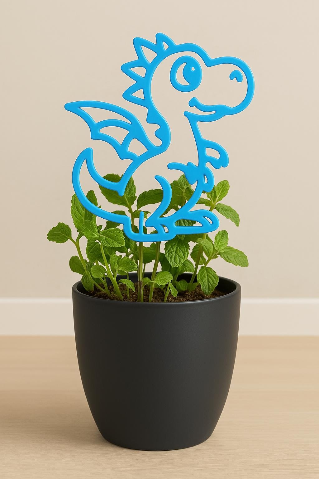 Lustige Deko für Blumentopf in Form eines blauen Drachen im schwarzen Blumentopf mit grünen Pflanzen