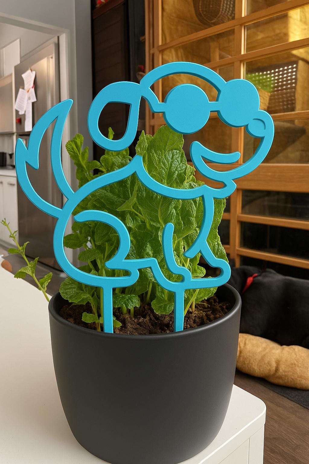 Lustige Deko für Blumentopf in Form eines blauen Hundes mit Sonnenbrille in einem schwarzen Blumentopf