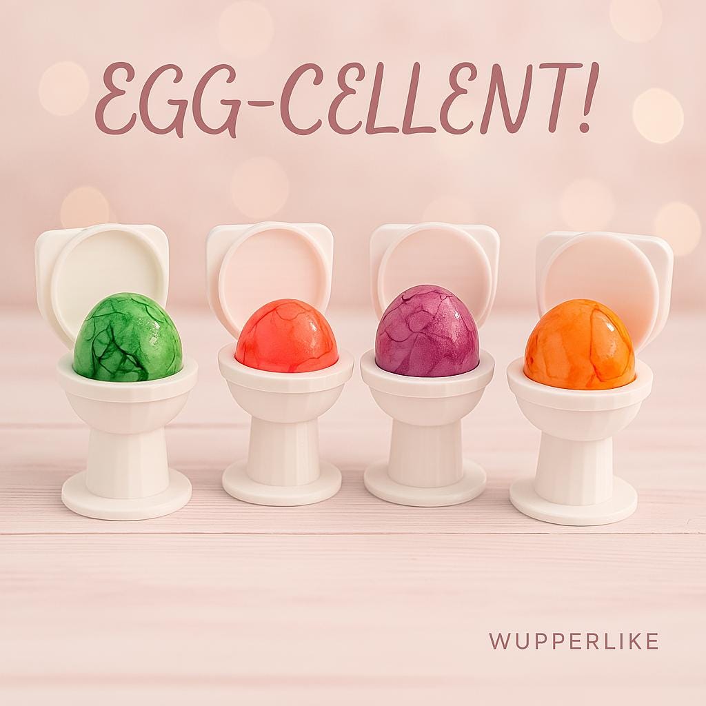 Witzige Frühstücksideen Geschenk mit bunten Eiern in Toilettenförmigen Eierbechern von Mein Shop