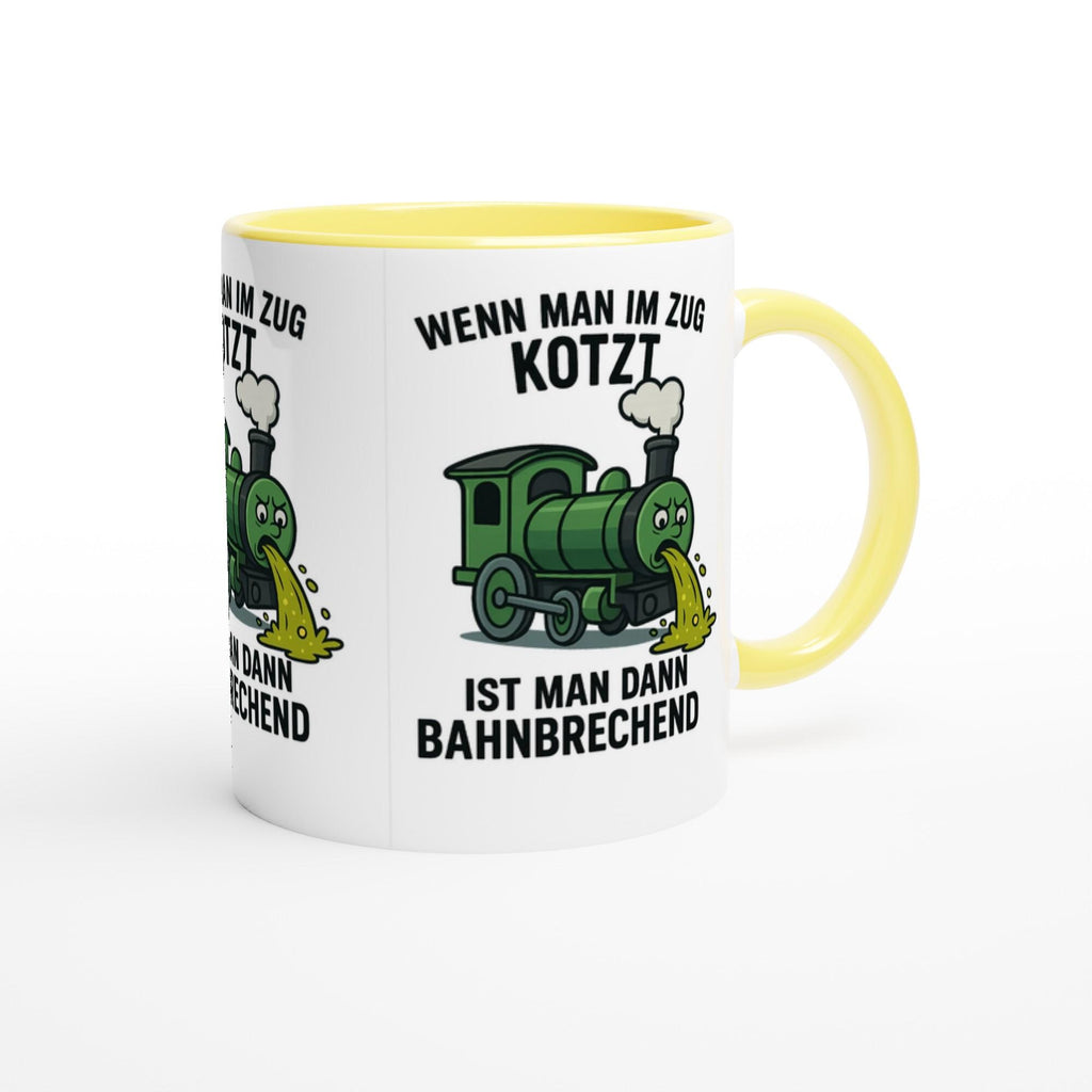 Witzige Kaffeetasse Zug Motiv mit grünem Zug und humorvollem Spruch in Gelb und Weiß