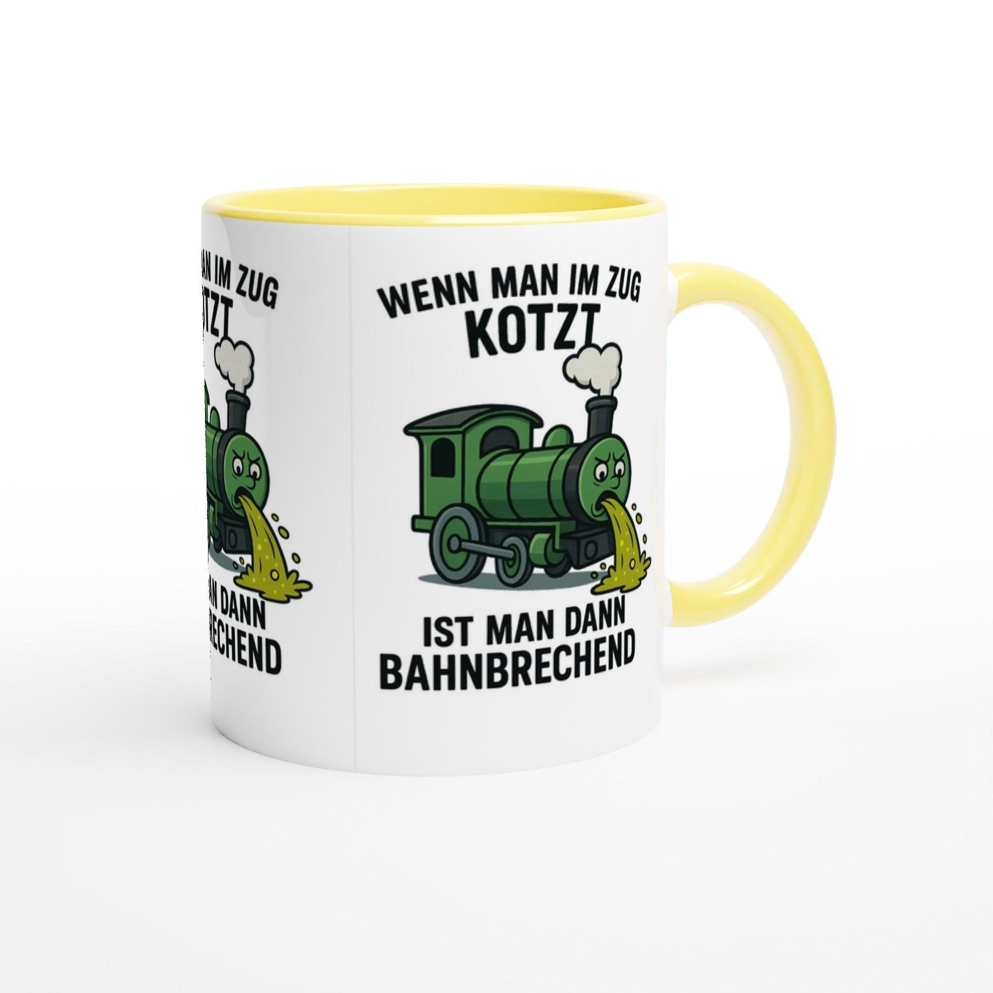 Witzige Kaffeetasse Zug Motiv mit grünem Zug und humorvollem Spruch in Gelb und Weiß