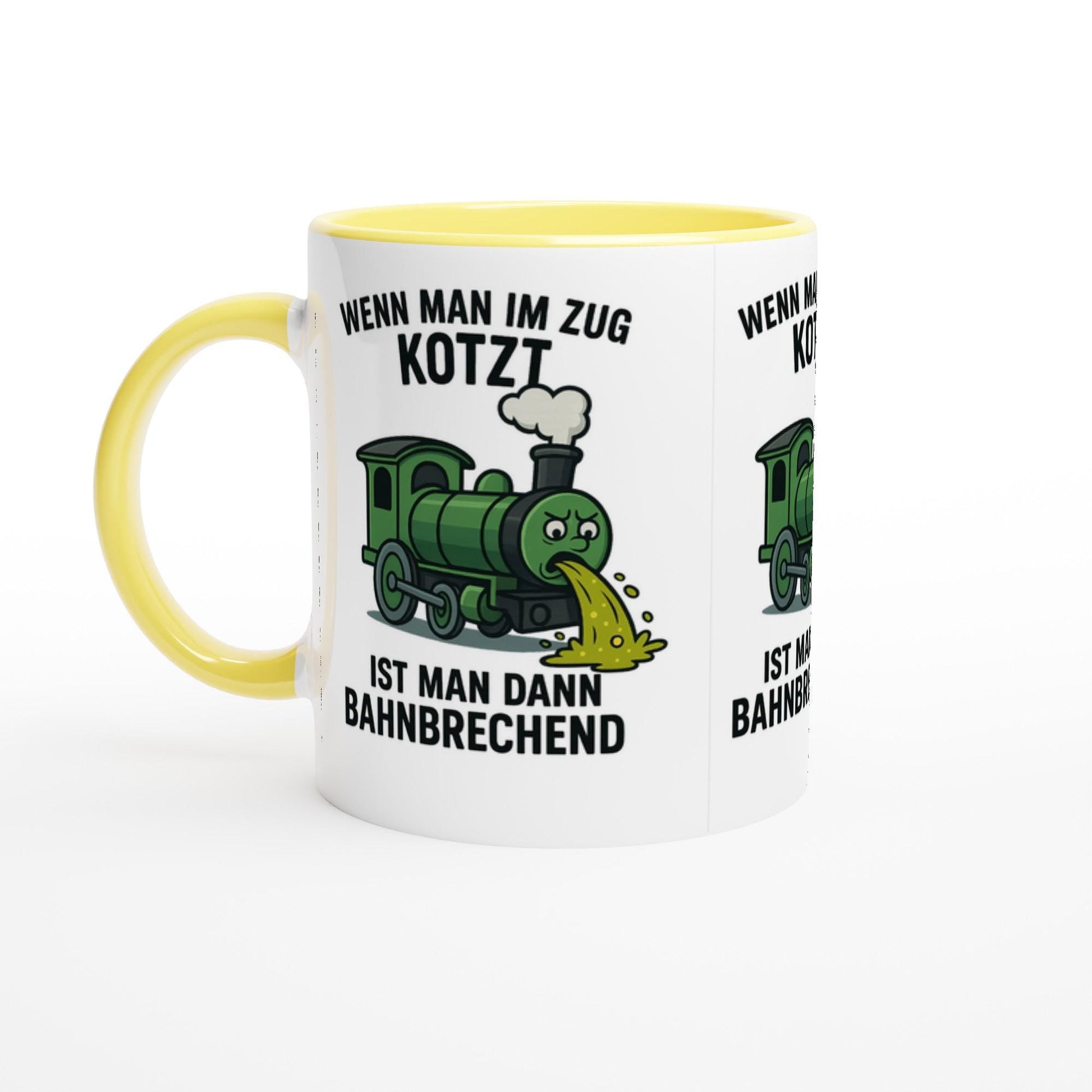 Witzige Kaffeetasse Zug Motiv mit gelbem Griff und lustigem Zug, der kotzt, humorvoller Spruch