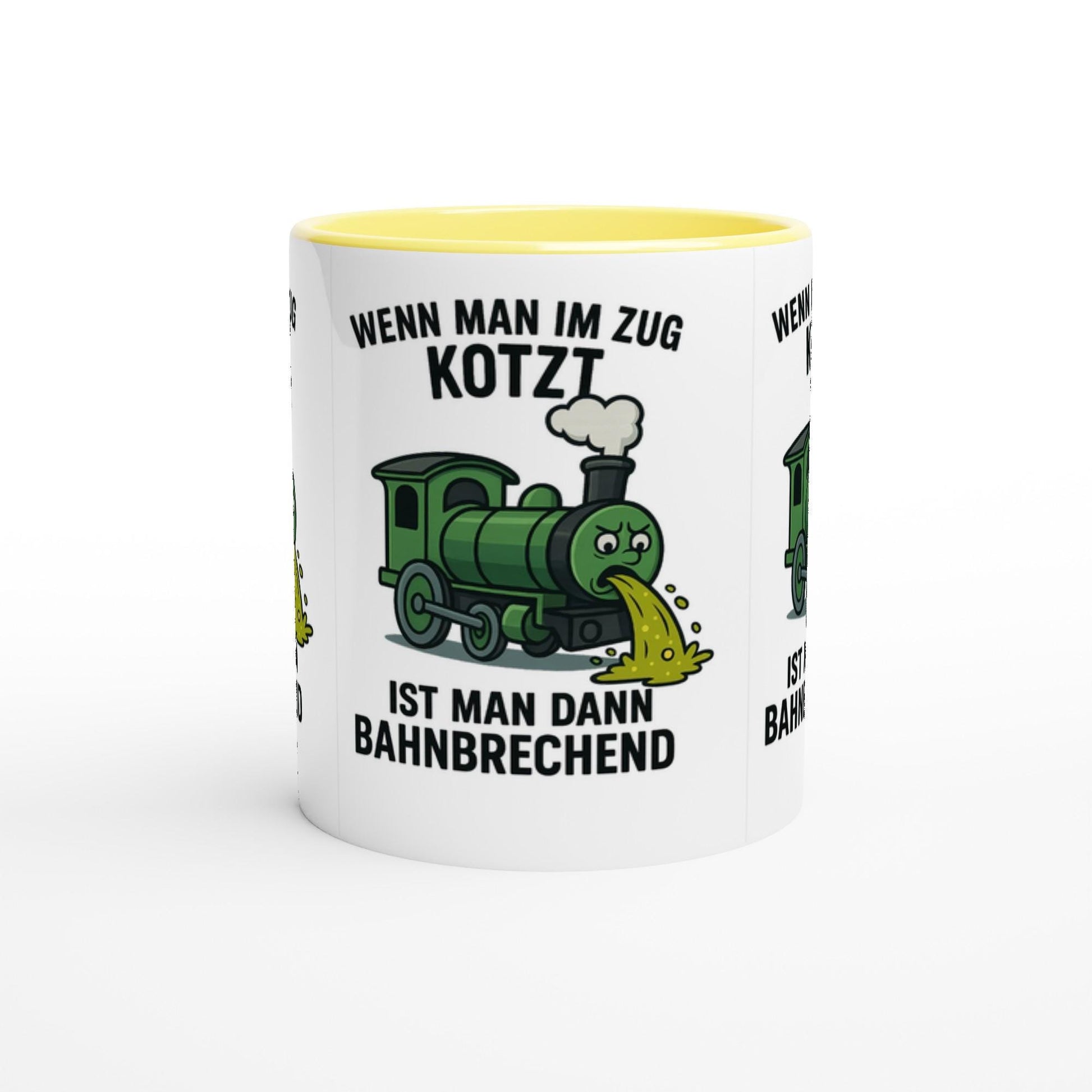 Weiße witzige Kaffeetasse Zug Motiv mit grünem Zug, der kotzt und humorvollem Spruch