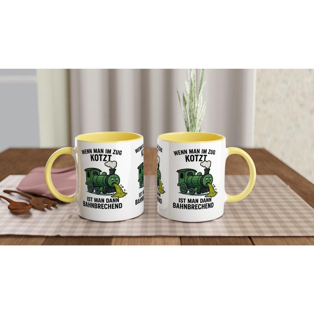Witzige Kaffeetasse Zug Motiv mit gelbem Henkel und lustigem Zug Spruch für Zugliebhaber