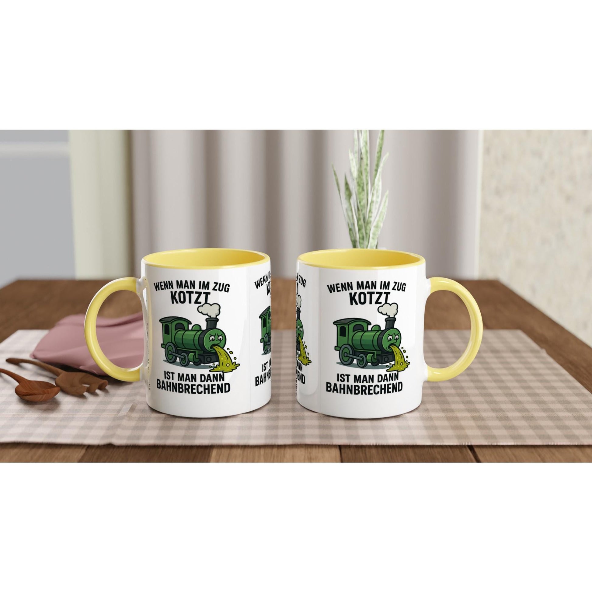 Witzige Kaffeetasse Zug Motiv mit gelbem Henkel und lustigem Zug Spruch für Zugliebhaber