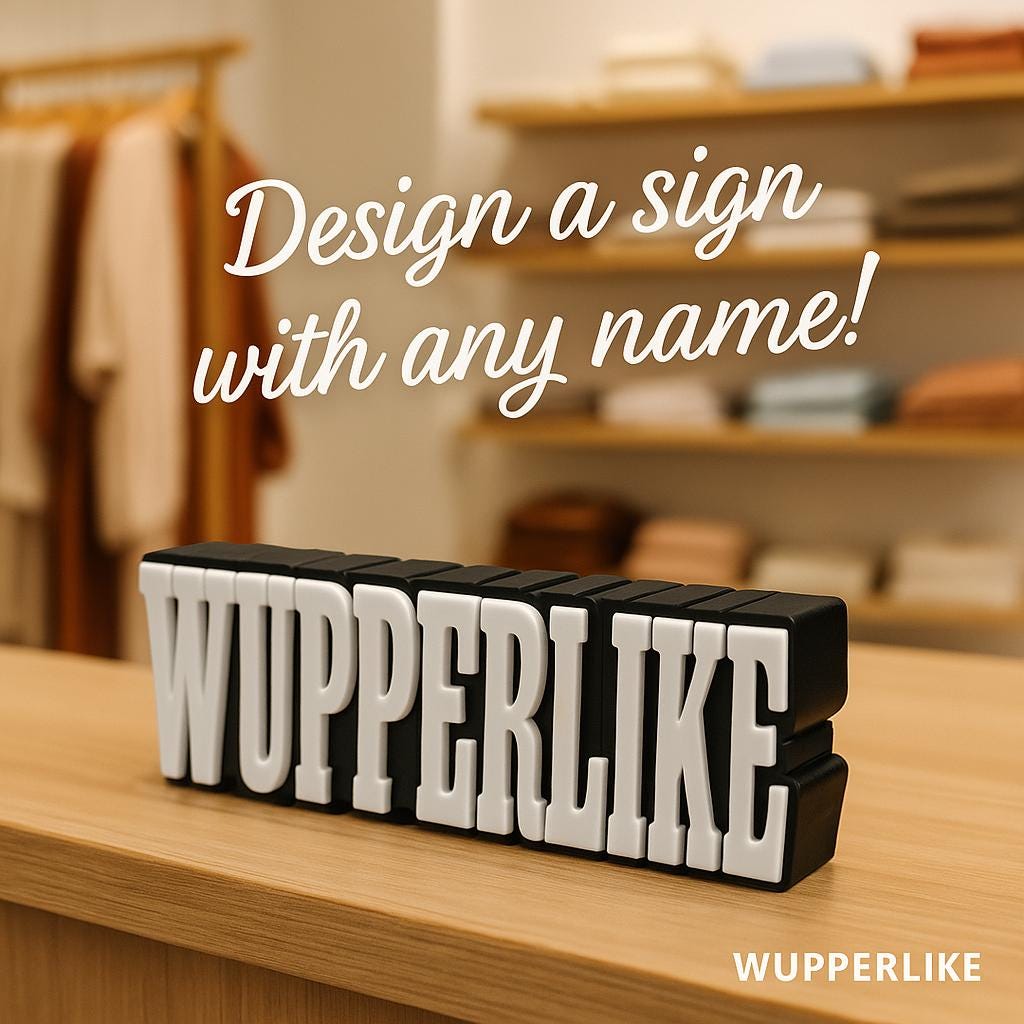 Personalisierter 3D Schriftzug Aufsteller mit dem Text WUPPERLIKE auf einem Holztisch im Raum