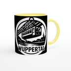 Wuppertal Schwebebahn Tasse mit schwarz-weißem Motiv und gelbem Griff und Innenfläche