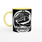 Gelbe Tasse mit schwarzem Wuppertal Schwebebahn Tasse Motiv und Stadt-Silhouette