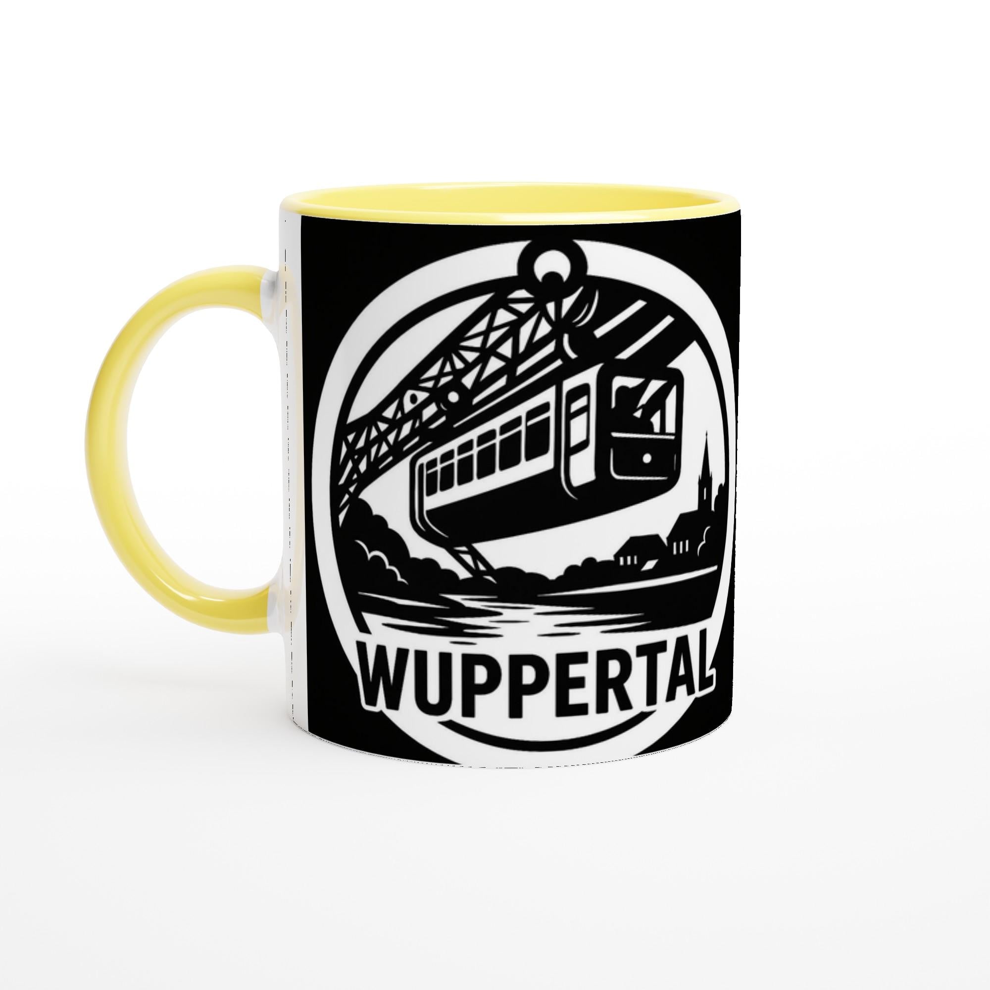 Gelbe Tasse mit schwarzem Wuppertal Schwebebahn Tasse Motiv und Stadt-Silhouette