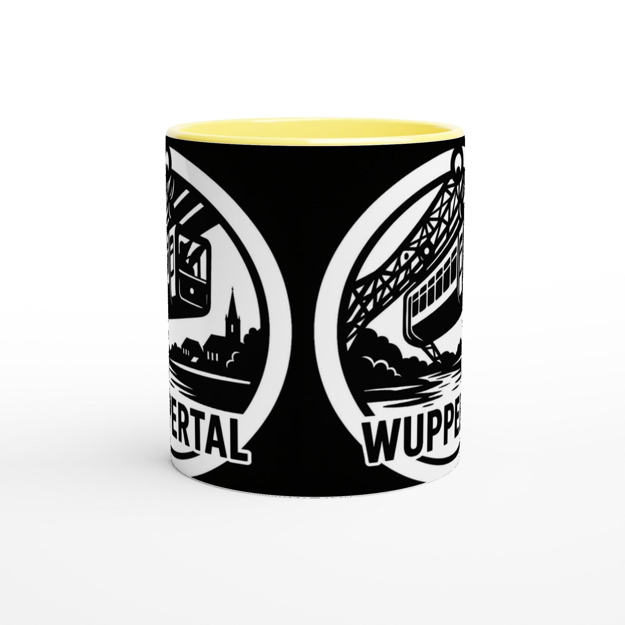 Schwarze Wuppertal Schwebebahn Tasse mit gelbem Innenraum und weißem Schwebebahn-Design
